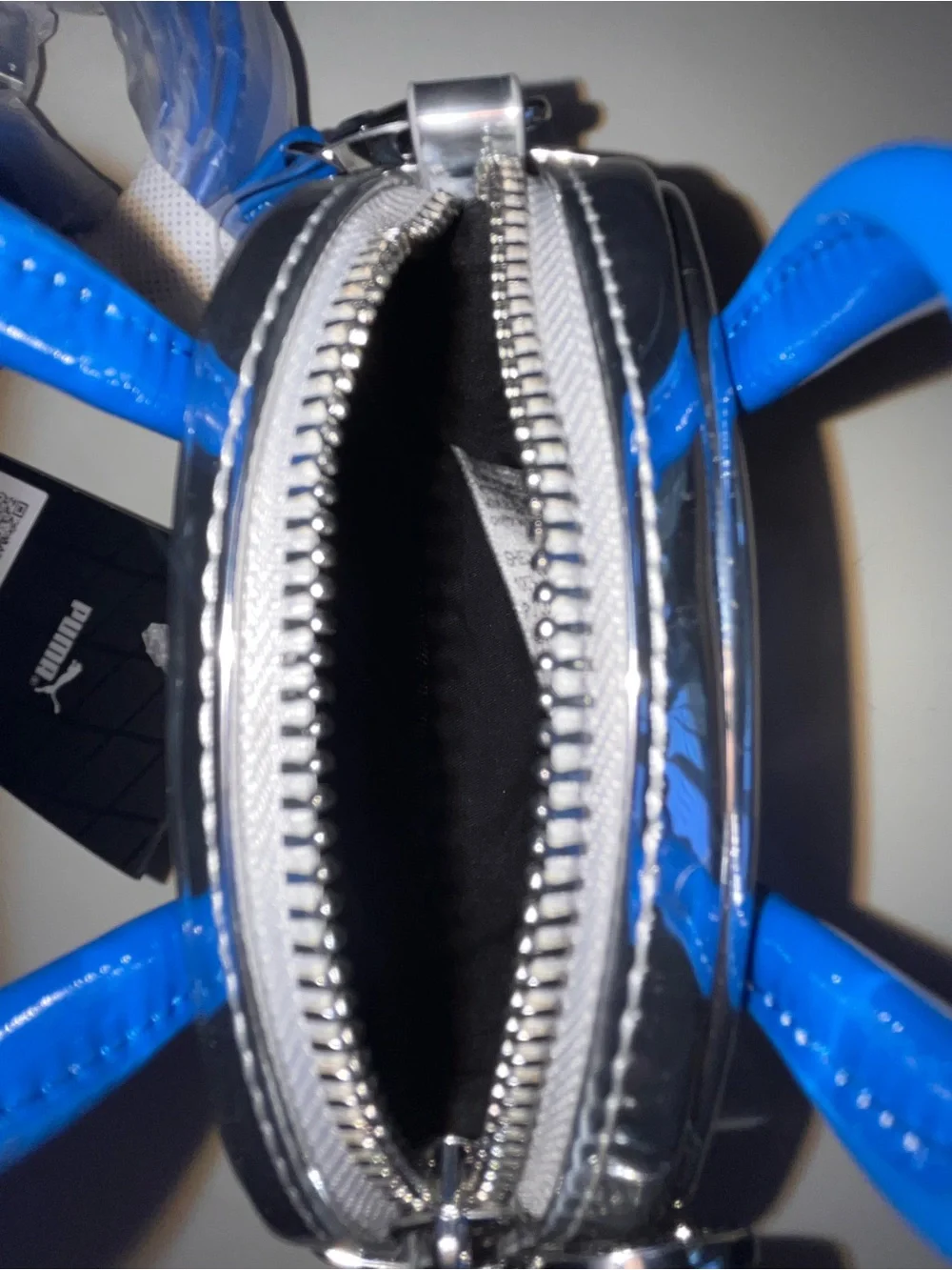 PUMA FENTY Metallic Silver Mini Bag with Blue Strap